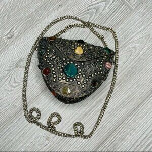 rare Vintage Sajai Metal precious Gemstone Crossbody Chain Purse bag India Uniqu